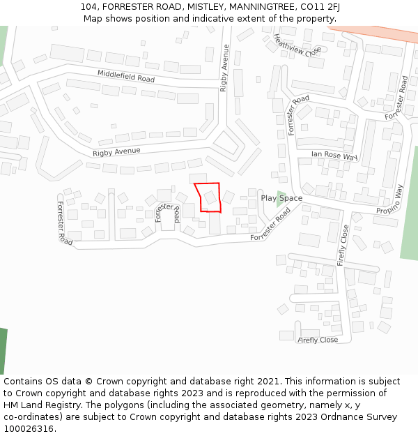104, FORRESTER ROAD, MISTLEY, MANNINGTREE, CO11 2FJ: Location map and indicative extent of plot