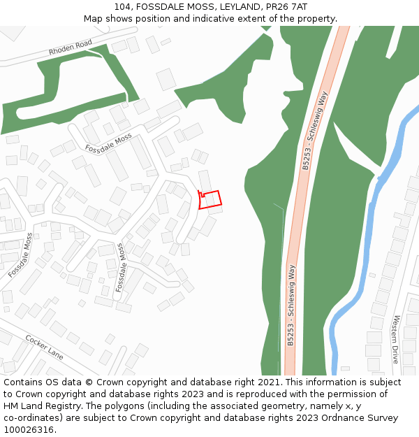 104, FOSSDALE MOSS, LEYLAND, PR26 7AT: Location map and indicative extent of plot
