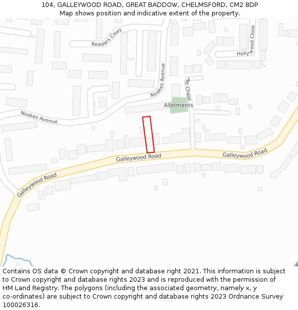 104, GALLEYWOOD ROAD, GREAT BADDOW, CHELMSFORD, CM2 8DP: Location map and indicative extent of plot