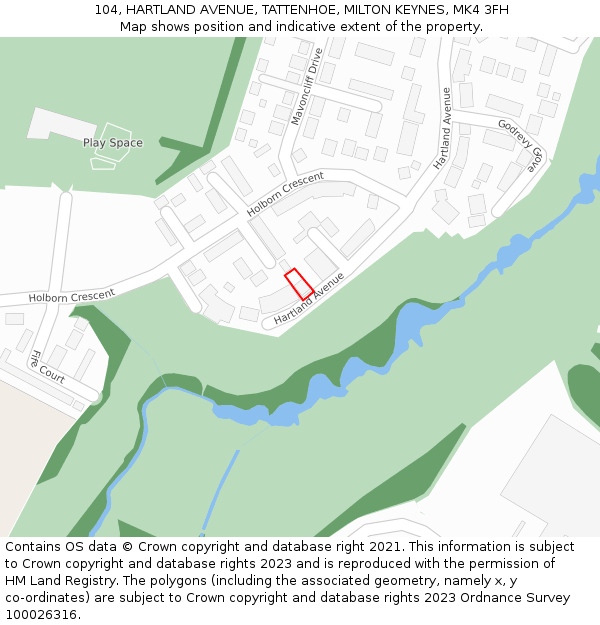 104, HARTLAND AVENUE, TATTENHOE, MILTON KEYNES, MK4 3FH: Location map and indicative extent of plot