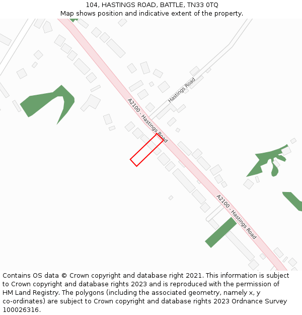 104, HASTINGS ROAD, BATTLE, TN33 0TQ: Location map and indicative extent of plot