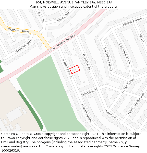104, HOLYWELL AVENUE, WHITLEY BAY, NE26 3AF: Location map and indicative extent of plot