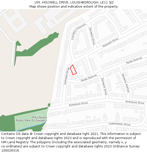 104, HOLYWELL DRIVE, LOUGHBOROUGH, LE11 3JZ: Location map and indicative extent of plot