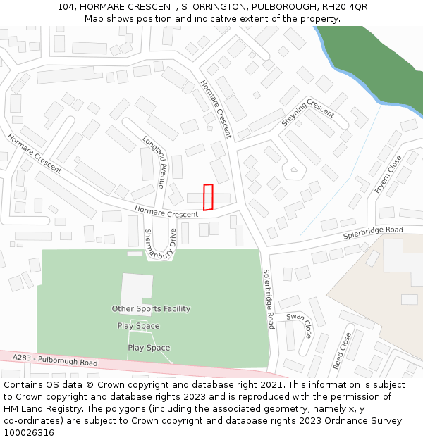 104, HORMARE CRESCENT, STORRINGTON, PULBOROUGH, RH20 4QR: Location map and indicative extent of plot