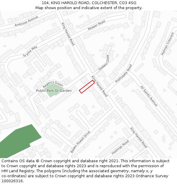104, KING HAROLD ROAD, COLCHESTER, CO3 4SG: Location map and indicative extent of plot