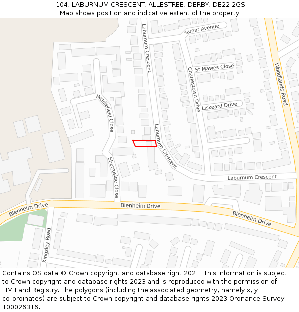 104, LABURNUM CRESCENT, ALLESTREE, DERBY, DE22 2GS: Location map and indicative extent of plot