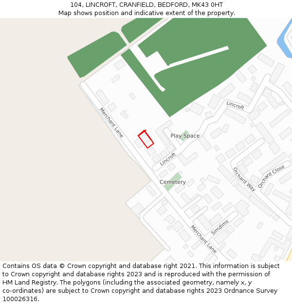 104, LINCROFT, CRANFIELD, BEDFORD, MK43 0HT: Location map and indicative extent of plot