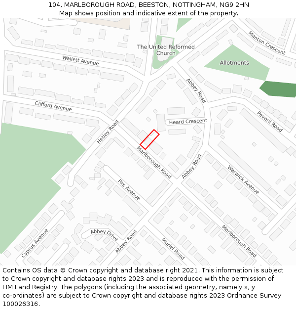 104, MARLBOROUGH ROAD, BEESTON, NOTTINGHAM, NG9 2HN: Location map and indicative extent of plot
