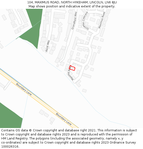 104, MAXIMUS ROAD, NORTH HYKEHAM, LINCOLN, LN6 8JU: Location map and indicative extent of plot
