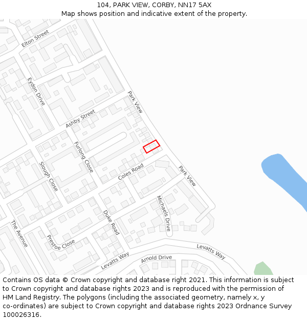 104, PARK VIEW, CORBY, NN17 5AX: Location map and indicative extent of plot