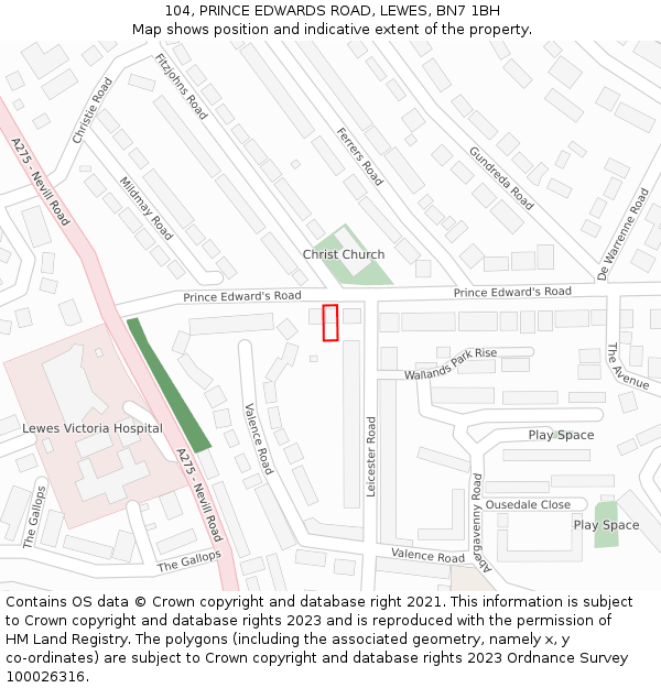 104, PRINCE EDWARDS ROAD, LEWES, BN7 1BH: Location map and indicative extent of plot