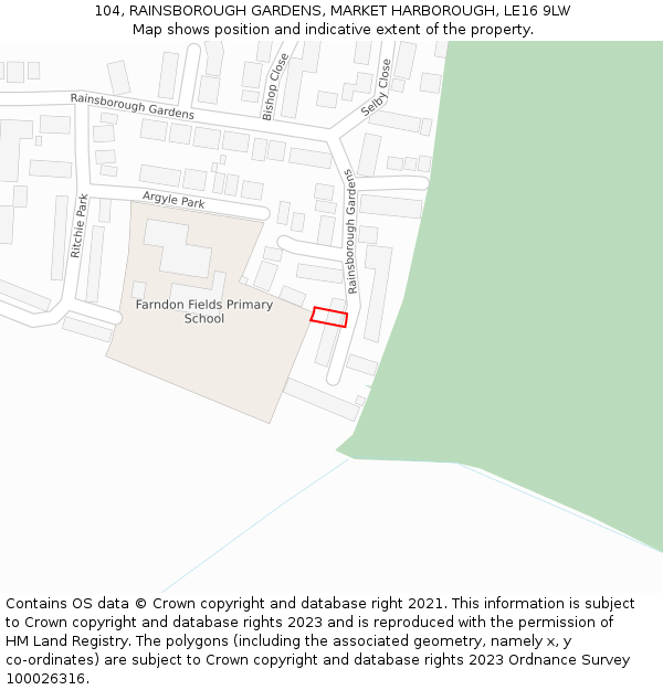 104, RAINSBOROUGH GARDENS, MARKET HARBOROUGH, LE16 9LW: Location map and indicative extent of plot