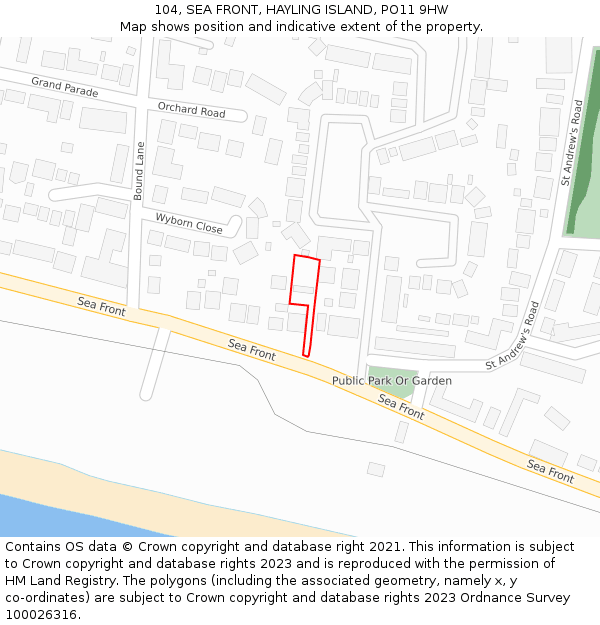 104, SEA FRONT, HAYLING ISLAND, PO11 9HW: Location map and indicative extent of plot