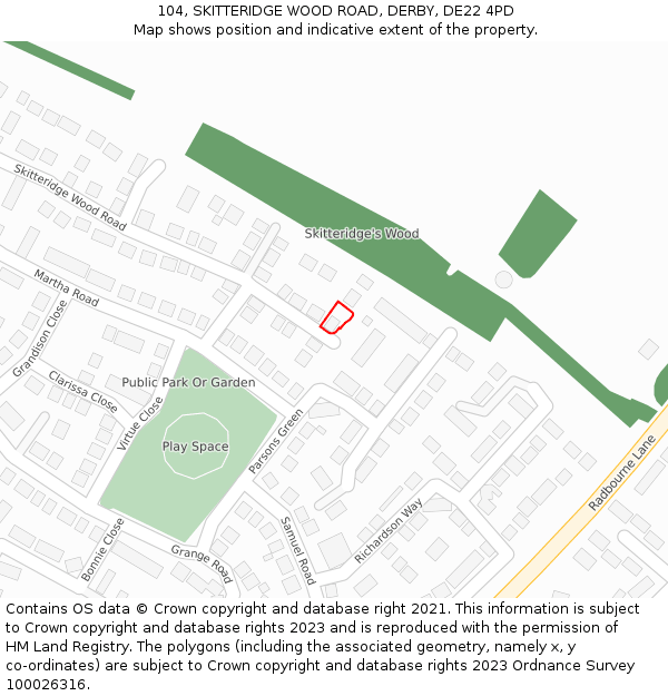 104, SKITTERIDGE WOOD ROAD, DERBY, DE22 4PD: Location map and indicative extent of plot