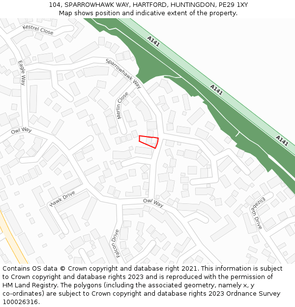 104, SPARROWHAWK WAY, HARTFORD, HUNTINGDON, PE29 1XY: Location map and indicative extent of plot