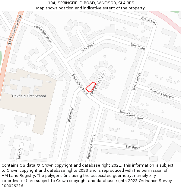 104, SPRINGFIELD ROAD, WINDSOR, SL4 3PS: Location map and indicative extent of plot