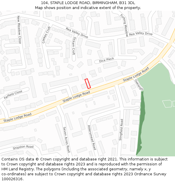 104, STAPLE LODGE ROAD, BIRMINGHAM, B31 3DL: Location map and indicative extent of plot