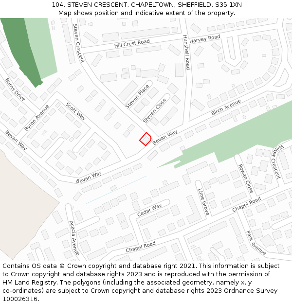 104, STEVEN CRESCENT, CHAPELTOWN, SHEFFIELD, S35 1XN: Location map and indicative extent of plot