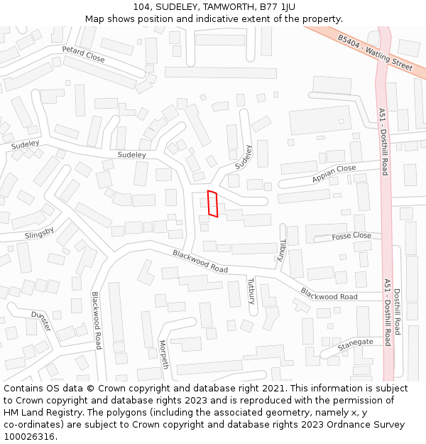 104, SUDELEY, TAMWORTH, B77 1JU: Location map and indicative extent of plot
