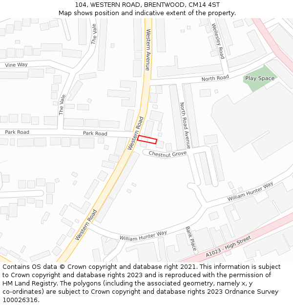 104, WESTERN ROAD, BRENTWOOD, CM14 4ST: Location map and indicative extent of plot