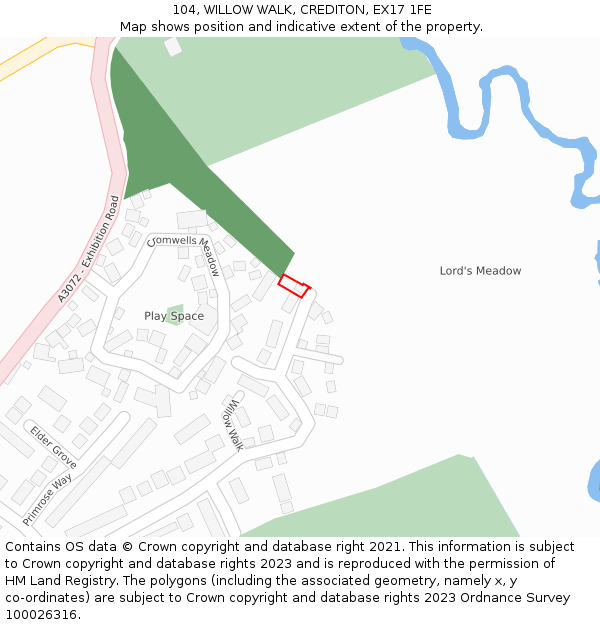 104, WILLOW WALK, CREDITON, EX17 1FE: Location map and indicative extent of plot