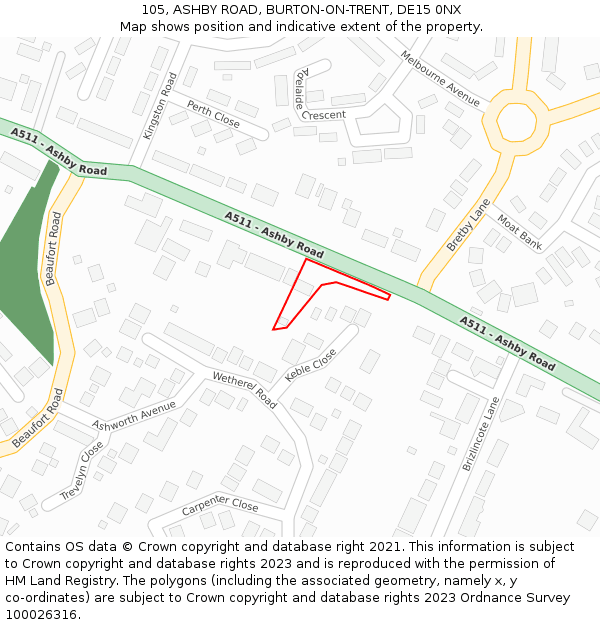 105, ASHBY ROAD, BURTON-ON-TRENT, DE15 0NX: Location map and indicative extent of plot
