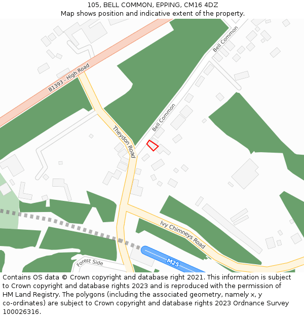 105, BELL COMMON, EPPING, CM16 4DZ: Location map and indicative extent of plot