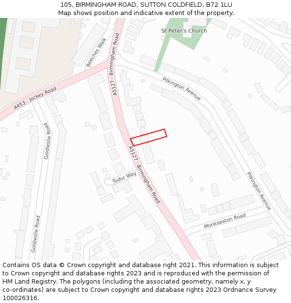 105, BIRMINGHAM ROAD, SUTTON COLDFIELD, B72 1LU: Location map and indicative extent of plot