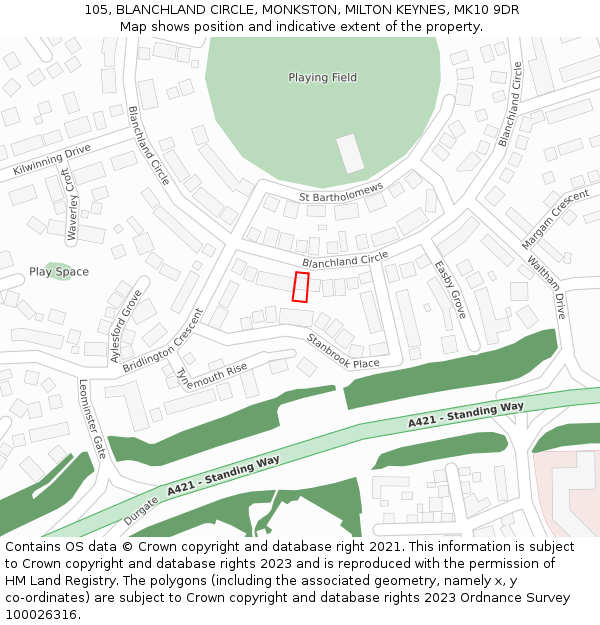 105, BLANCHLAND CIRCLE, MONKSTON, MILTON KEYNES, MK10 9DR: Location map and indicative extent of plot