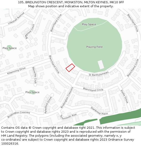 105, BRIDLINGTON CRESCENT, MONKSTON, MILTON KEYNES, MK10 9FF: Location map and indicative extent of plot