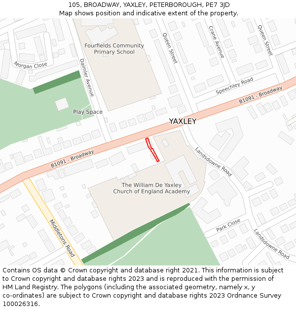 105, BROADWAY, YAXLEY, PETERBOROUGH, PE7 3JD: Location map and indicative extent of plot
