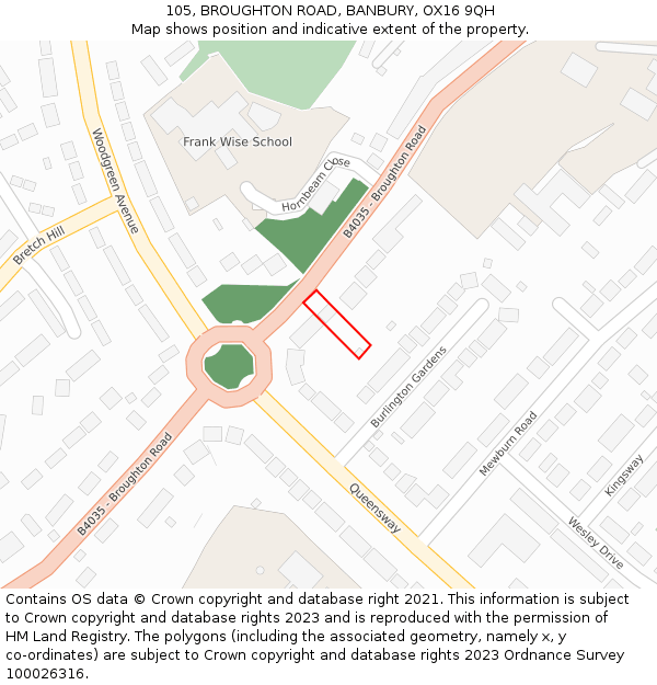 105, BROUGHTON ROAD, BANBURY, OX16 9QH: Location map and indicative extent of plot