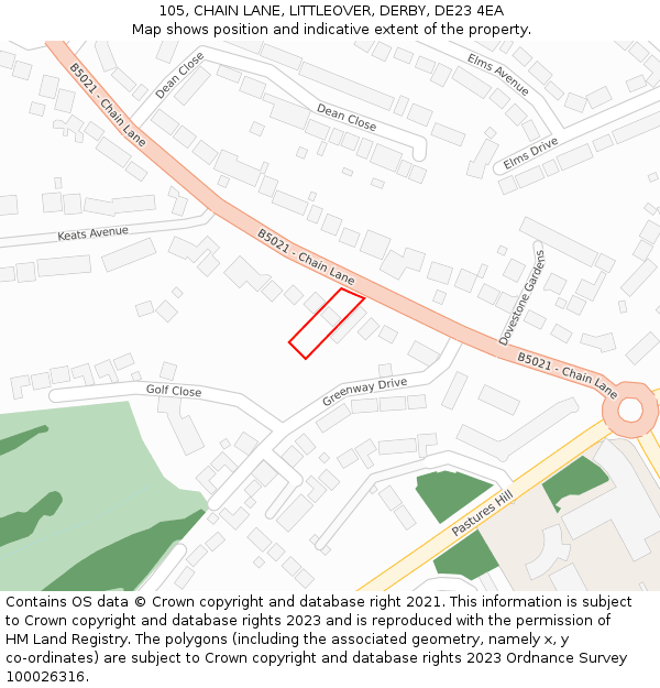105, CHAIN LANE, LITTLEOVER, DERBY, DE23 4EA: Location map and indicative extent of plot