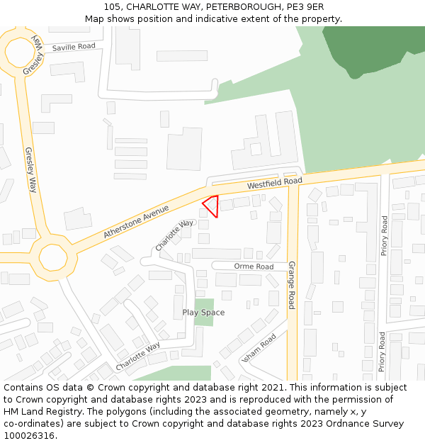 105, CHARLOTTE WAY, PETERBOROUGH, PE3 9ER: Location map and indicative extent of plot