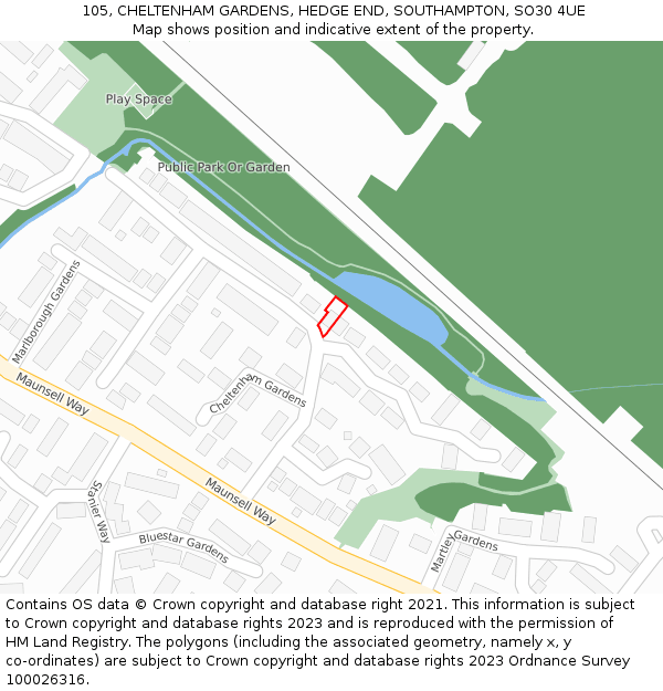 105, CHELTENHAM GARDENS, HEDGE END, SOUTHAMPTON, SO30 4UE: Location map and indicative extent of plot