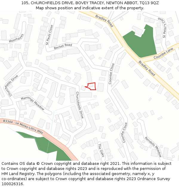105, CHURCHFIELDS DRIVE, BOVEY TRACEY, NEWTON ABBOT, TQ13 9QZ: Location map and indicative extent of plot