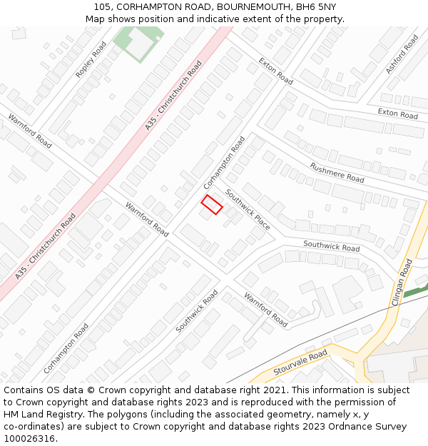 105, CORHAMPTON ROAD, BOURNEMOUTH, BH6 5NY: Location map and indicative extent of plot
