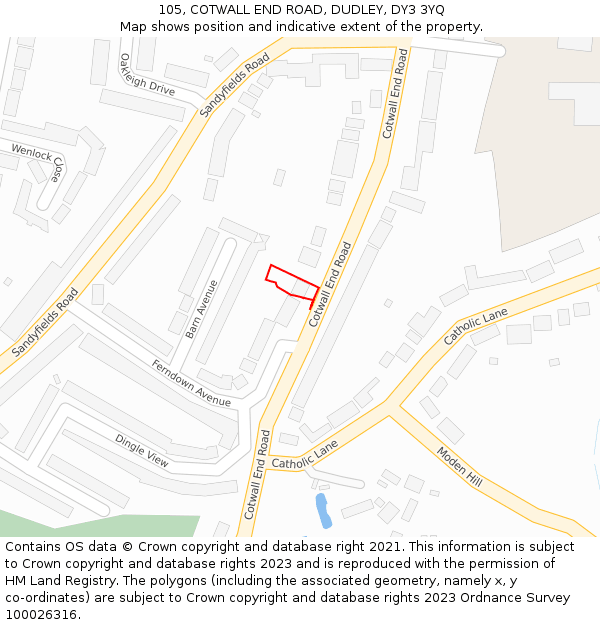 105, COTWALL END ROAD, DUDLEY, DY3 3YQ: Location map and indicative extent of plot