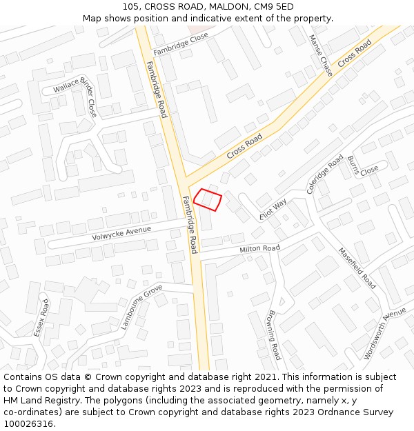 105, CROSS ROAD, MALDON, CM9 5ED: Location map and indicative extent of plot