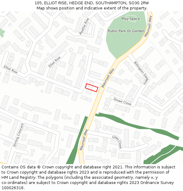 105, ELLIOT RISE, HEDGE END, SOUTHAMPTON, SO30 2RW: Location map and indicative extent of plot