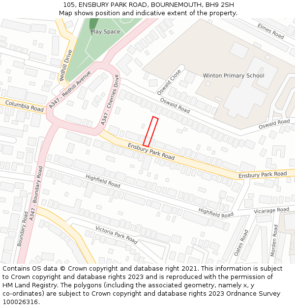 105, ENSBURY PARK ROAD, BOURNEMOUTH, BH9 2SH: Location map and indicative extent of plot