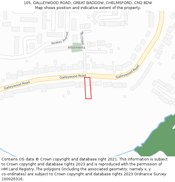 105, GALLEYWOOD ROAD, GREAT BADDOW, CHELMSFORD, CM2 8DW: Location map and indicative extent of plot
