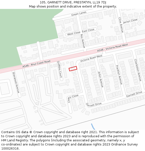 105, GARNETT DRIVE, PRESTATYN, LL19 7DJ: Location map and indicative extent of plot