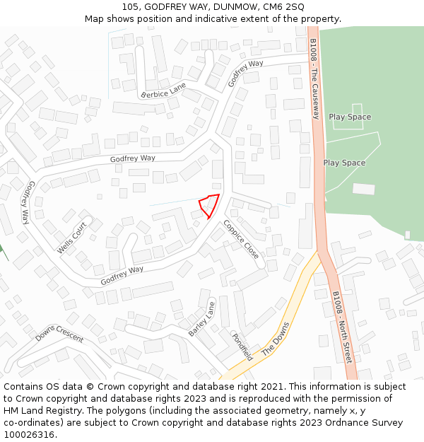 105, GODFREY WAY, DUNMOW, CM6 2SQ: Location map and indicative extent of plot