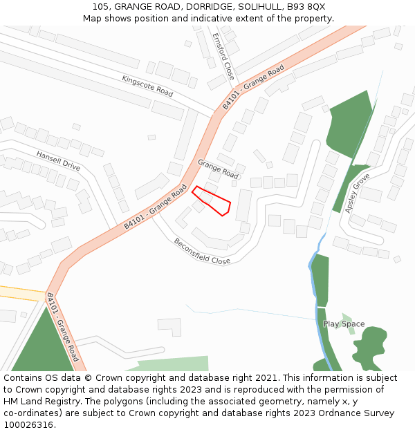 105, GRANGE ROAD, DORRIDGE, SOLIHULL, B93 8QX: Location map and indicative extent of plot