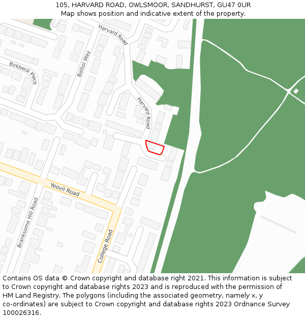 105, HARVARD ROAD, OWLSMOOR, SANDHURST, GU47 0UR: Location map and indicative extent of plot