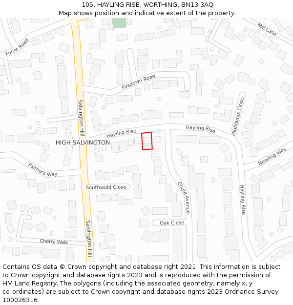 105, HAYLING RISE, WORTHING, BN13 3AQ: Location map and indicative extent of plot