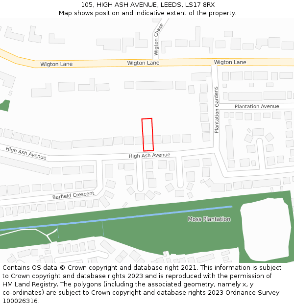105, HIGH ASH AVENUE, LEEDS, LS17 8RX: Location map and indicative extent of plot