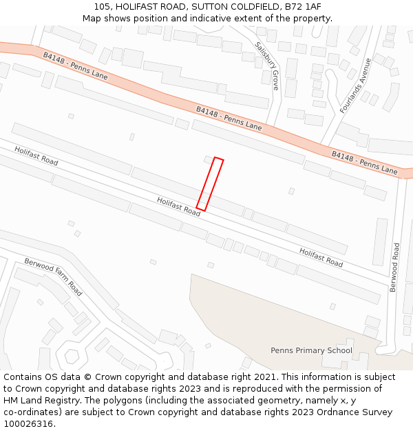 105, HOLIFAST ROAD, SUTTON COLDFIELD, B72 1AF: Location map and indicative extent of plot