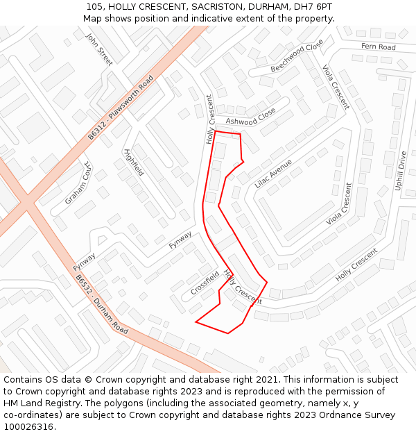 105, HOLLY CRESCENT, SACRISTON, DURHAM, DH7 6PT: Location map and indicative extent of plot